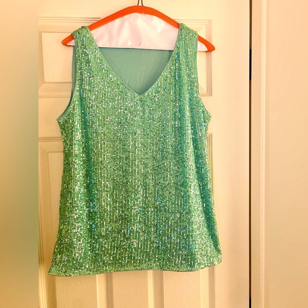 Vibrant Teal deep V Neck sequin beautiful Tank Top (lined) NWOT Size large